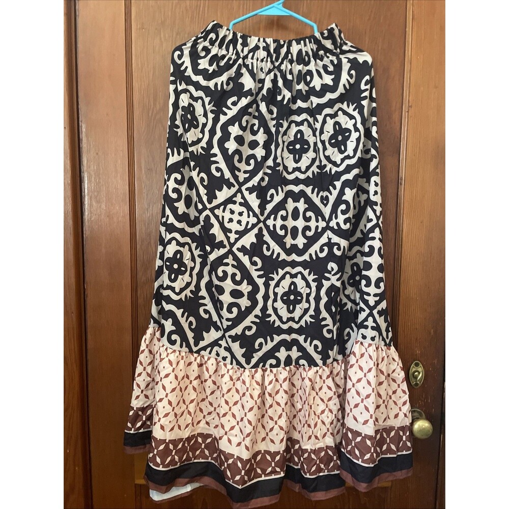 Boho Gypsy Maxi Skirt Sz L Black Multi Geometric Tribal Straight Stretch - Picture 4 of 6